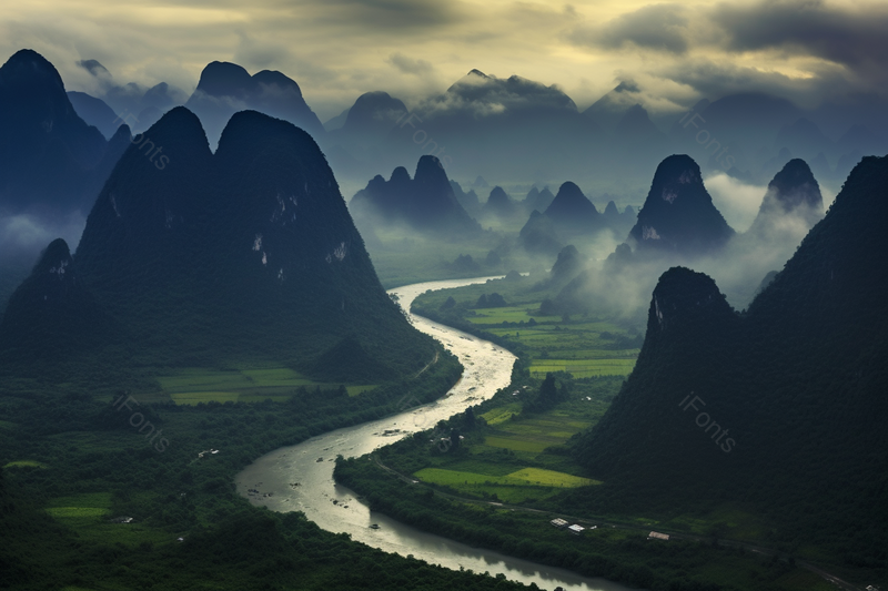 轻舟已过万重山蜿蜒的溪流与高达的山体,高清,摄影图,摄影图片,图片大全,摄影图免费下载